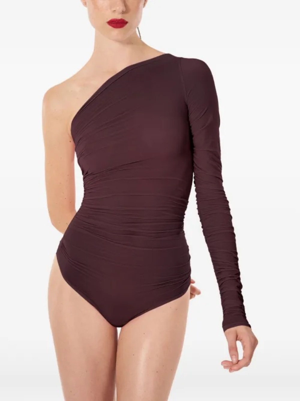 Abercrombie & Fitch One-Shoulder Ruched Long-Sleeve Swimsuit - Plum
